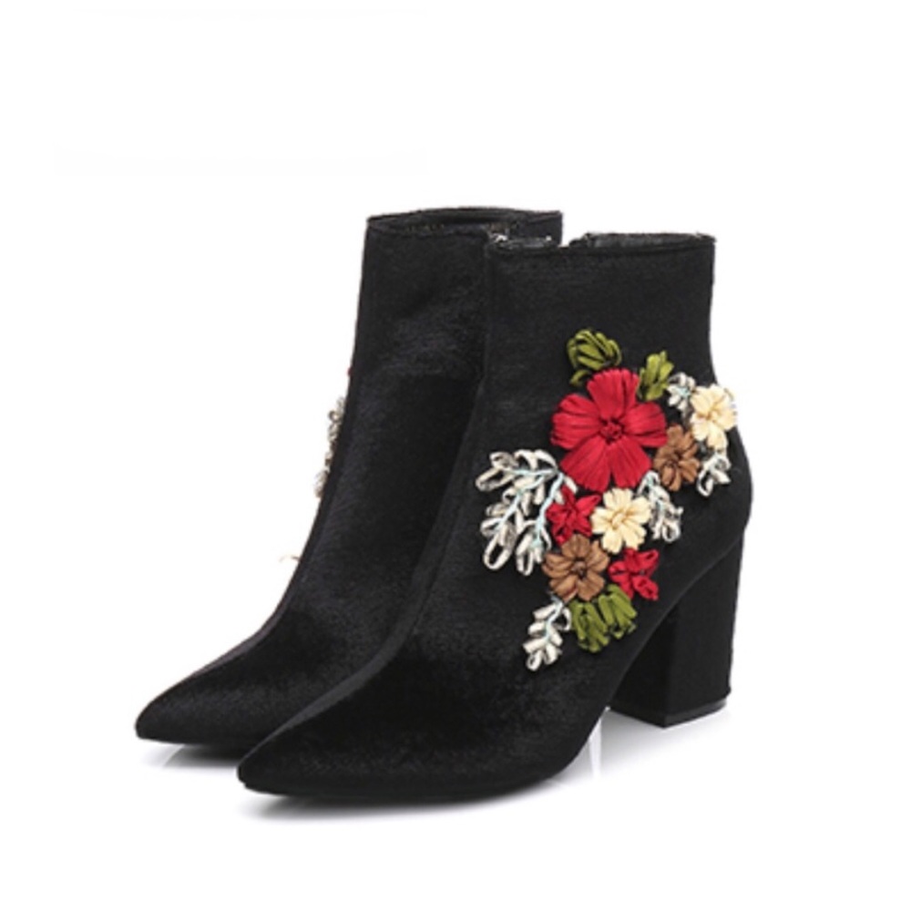 Velvet Embroidered Ankle Booties